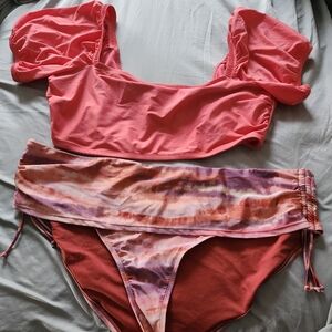 Plus size bikini set. Size 3X. Coral top and coral tye dye bottom.